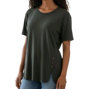 Misia Olive Green Top Womens Size M Button Accent Round Hem Soft Rayon Jersey